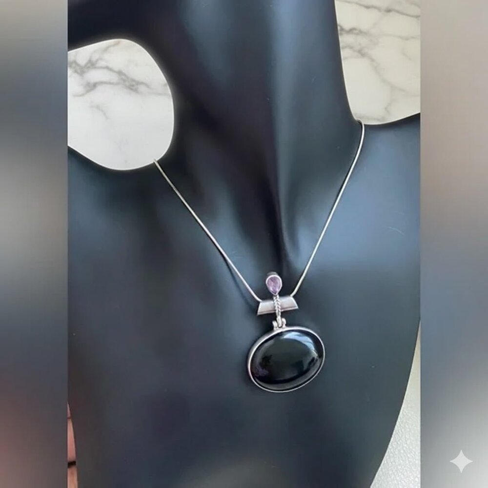 Vintage Genuine Amethyst & Huge Onyx Pendant on Sterling Silver